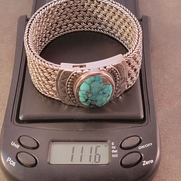 Sterling Heavy Turquoise Wide Woven Chain Toggle Bracelet - Picture 12 of 12
